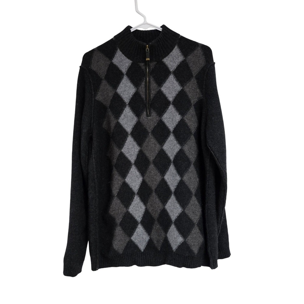 Transcript 100% Cashmere Argyle Quarter Zip Sweater Gray Black Men's‎ Size XXL